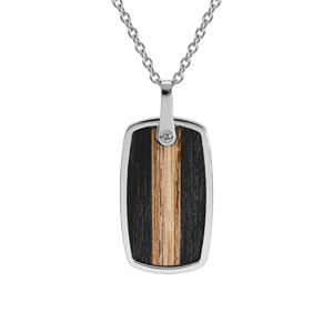 Collier en acier chane avec pendentif rectangulaire dim 35x20 mm aspect bois noir et marron clair longueur 55+5cm - Vue 1