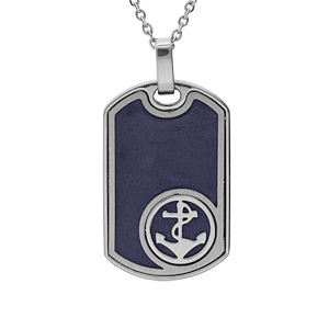 Collier en acier chane avec pendentif rectangulaire en cuir bleu motif toile du nord 50+5cm - Vue 1