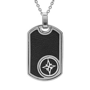 Collier en acier chane avec pendentif rectangulaire en cuir noir motif toile du nord 50+5cm - Vue 1