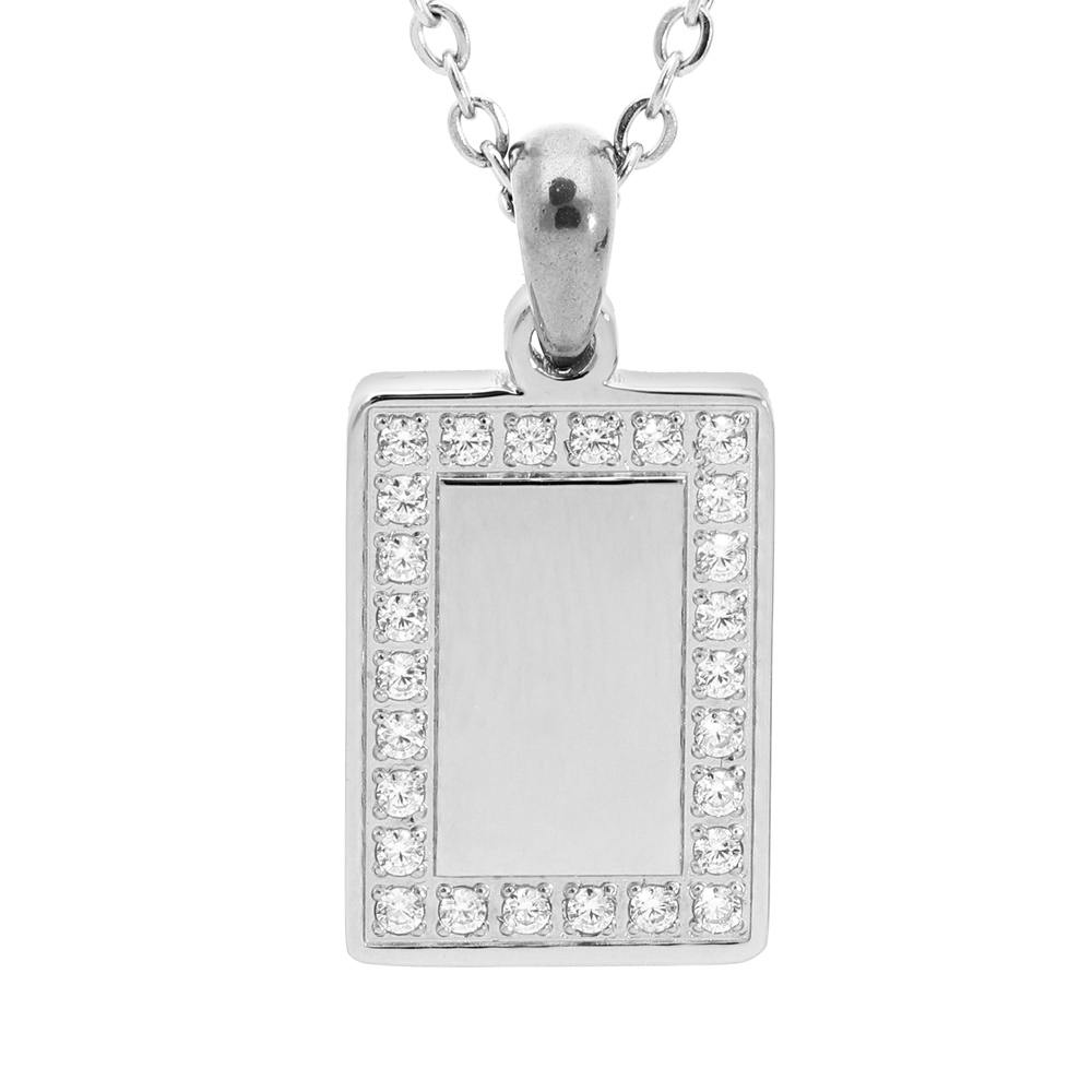 Collier en acier cha�ne avec pendentif rectangulaire et contour oxydes blancs possibilit� gravure 38+5cm - Vue 1