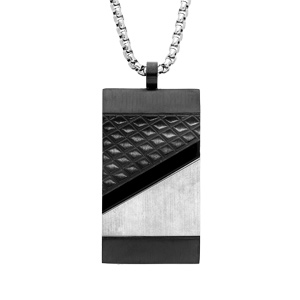 Collier en acier chane avec pendentif rectangulaire motif gomtrique acier et noir 50+5cm - Vue 1