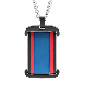 Collier en acier chane avec Pendentif rectangulaire noir et bleu avec2  bandes rouge 50+5cm - Vue 1