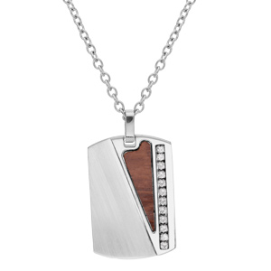 Collier en acier chane avec pendentif rectangulaire triangle aspect bois marron et oxydes blancs sertis 50+5cm - Vue 1