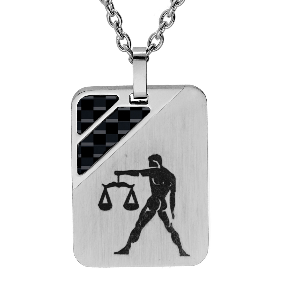 Collier en acier cha�ne avec pendentif rectangulaire zodiaque Balance 2 bandes carbone 50+5cm - Vue 1