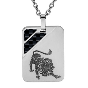 Collier en acier chane avec pendentif rectangulaire zodiaque Lion 2 bandes carbone 50+5cm - Vue 1