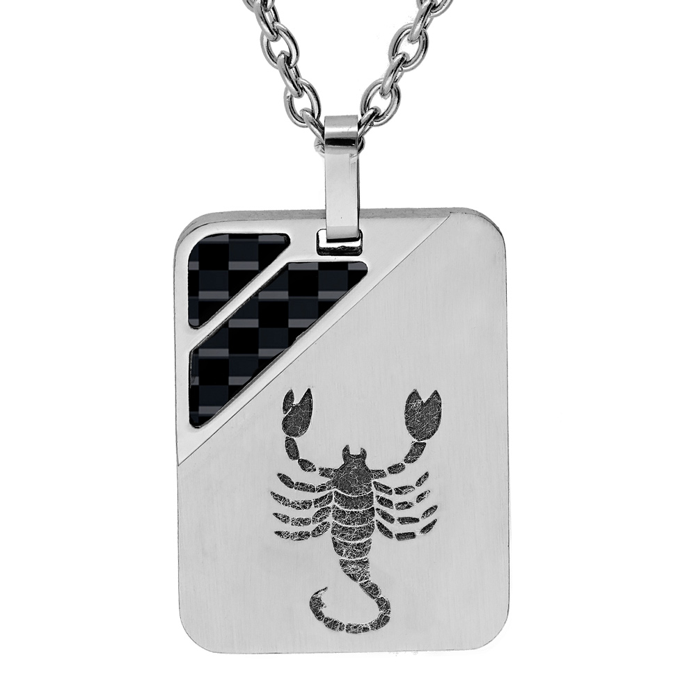 Collier en acier cha�ne avec pendentif rectangulaire zodiaque Scorpion 2 bandes carbone 50+5cm - Vue 1