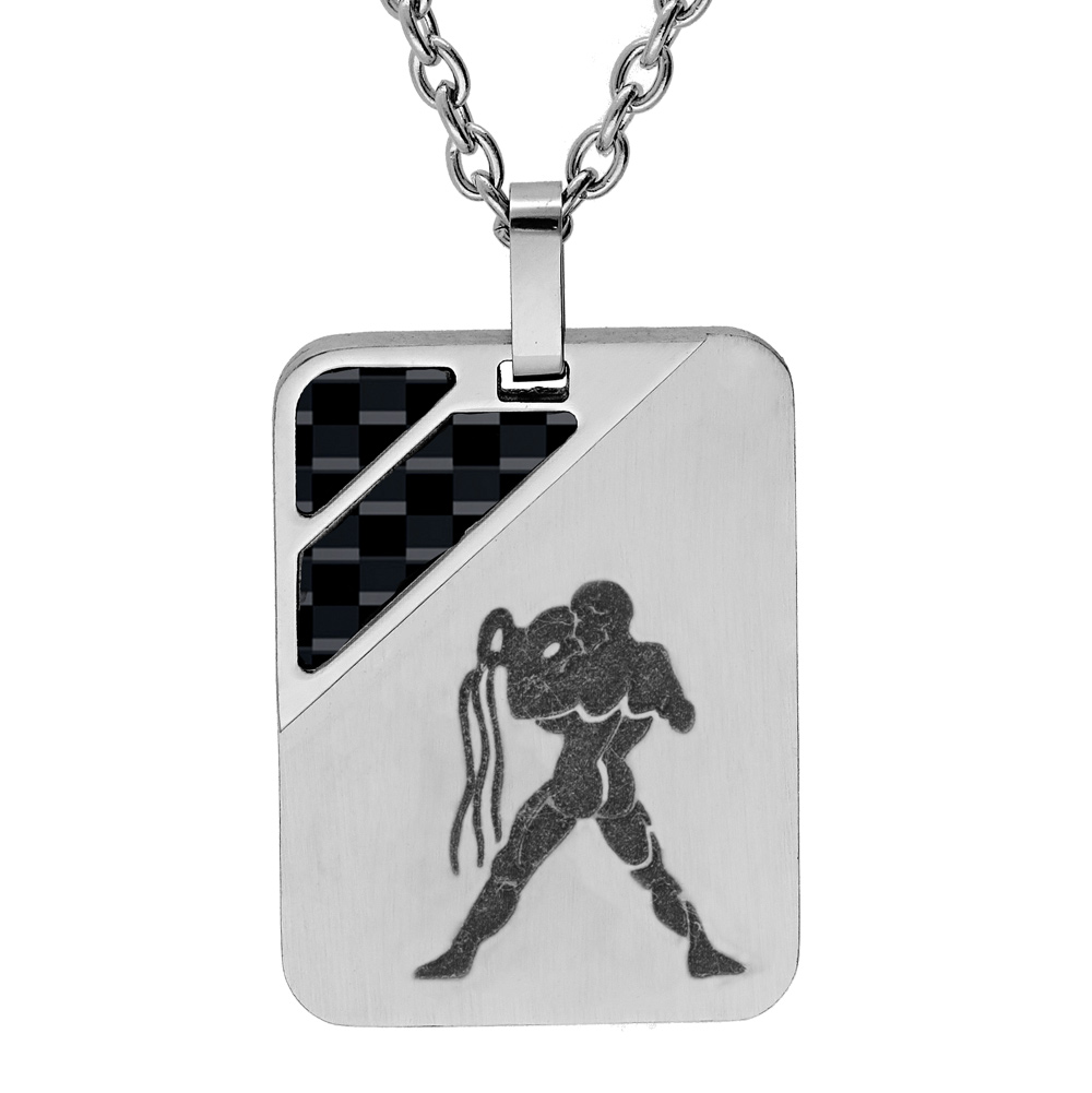Collier en acier cha�ne avec pendentif rectangulaire zodiaque Verseau 2 bandes carbone 50+5cm - Vue 1
