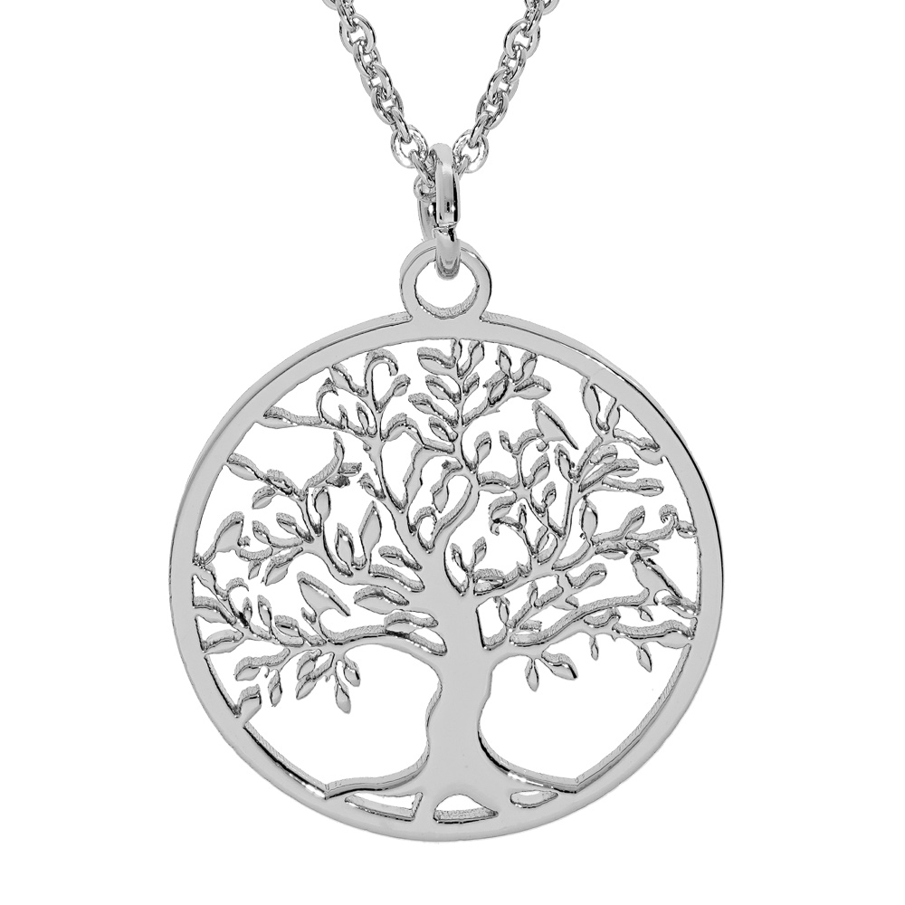 Collier en acier cha�ne avec pendentif rond arbre de vie decoup� 25mm 40+5cm - Vue 1