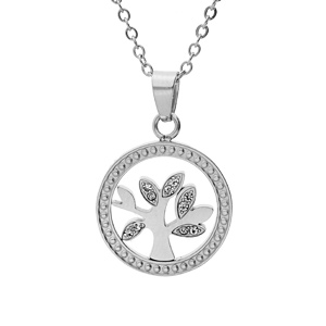 Collier en acier chane avec pendentif rond arbre de vie oxydes blancs 40+5cm - Vue 1