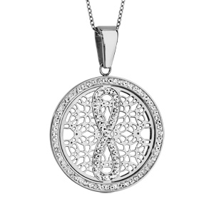 Collier en acier chane avec pendentif rond avec motifs ajours et infini et contour en rsine et strass blanc - longueur 42cm + 8cm de rallonge - Vue 1