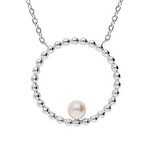 Collier en acier chane avec pendentif rond boule avec perle de synthse blanche 45+5cm - Vue 1