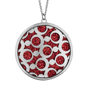 Collier en acier chaîne avec pendentif rond motifs ronds glitter rouge 45+10cm - Vue 1