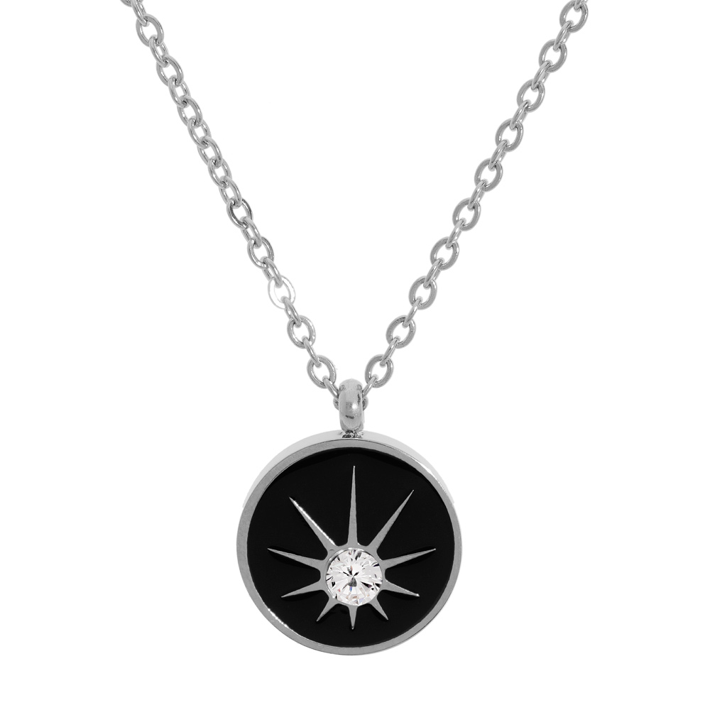 Collier en acier cha�ne avec pendentif rond noir et oxyde blanc �toil� 38+7cm - Vue 1