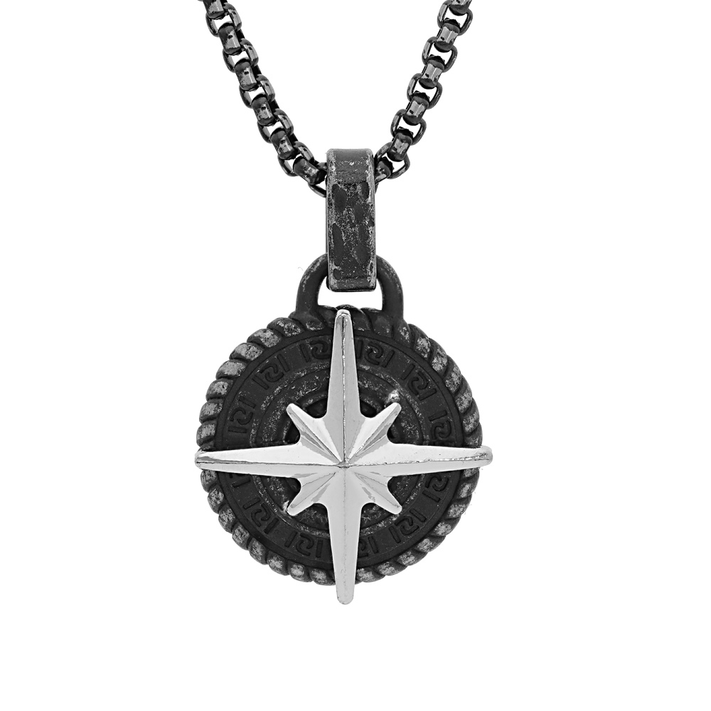 Collier en acier cha�ne avec pendentif rond patin� motif �toile du nord 55+10cm - Vue 1