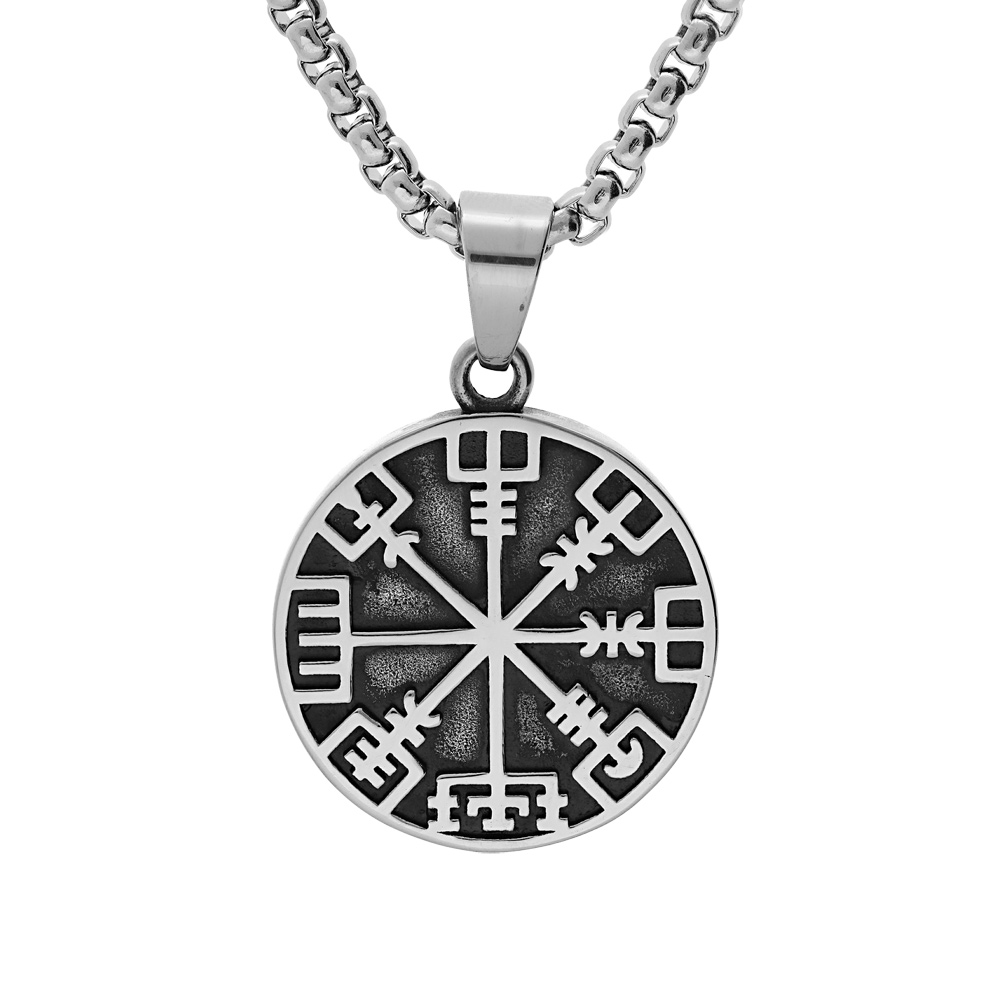 Collier en acier cha�ne avec pendentif rond patin� viking 34mm symbole rune celtique 52+5cm - Vue 1