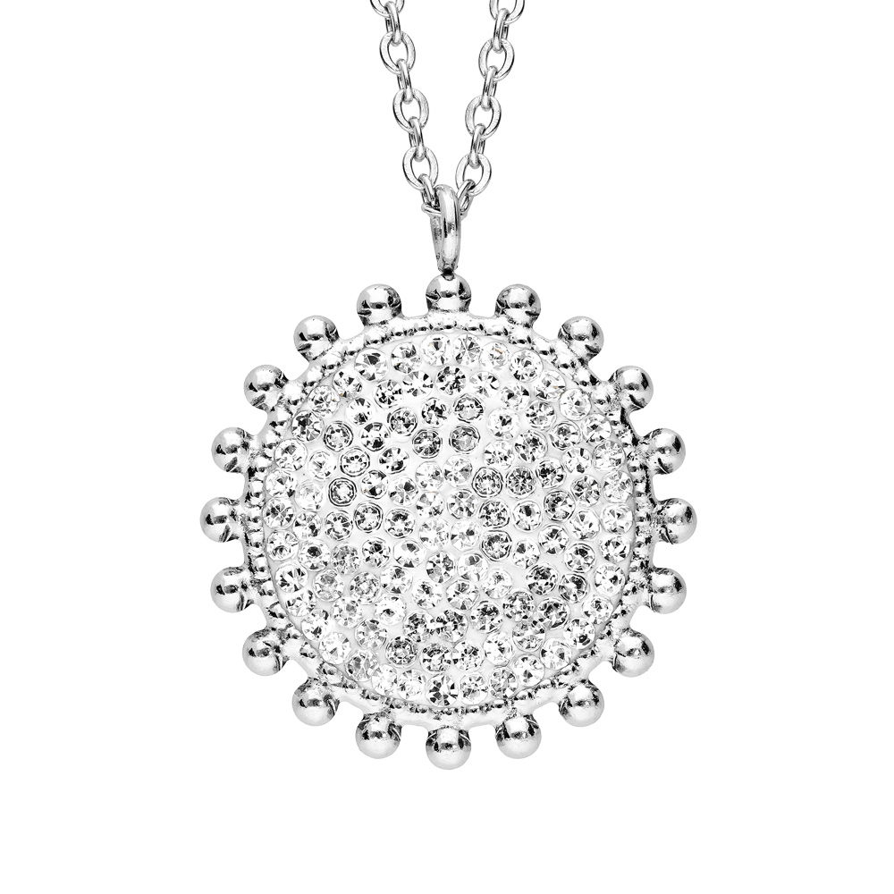 Collier en acier cha�ne avec pendentif rond pierres blanches et r�sine blanche 45+5cm - Vue 1