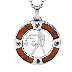 Collier en acier chane avec pendentif rond zodiaque Balance aspect bois clair et vis cruciforme 50+5cm - Vue 1