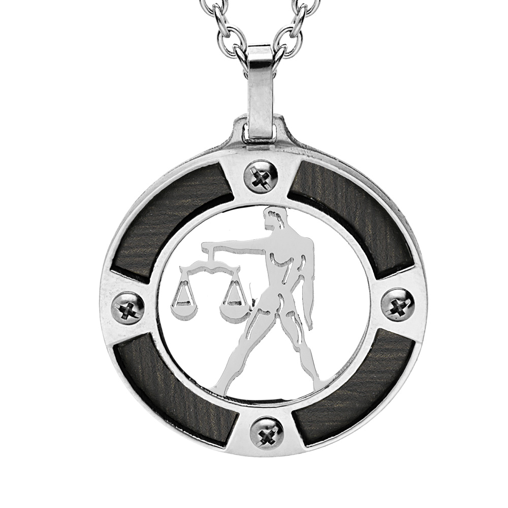 Collier en acier cha�ne avec pendentif rond zodiaque Balance aspect bois noir et vis cruciforme 50+5cm - Vue 1