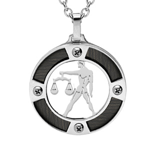 Collier en acier chane avec pendentif rond zodiaque Balance aspect bois noir et vis cruciforme 50+5cm - Vue 1