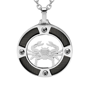 Collier en acier chane avec pendentif rond zodiaque Cancer aspect bois noir et vis cruciforme 50+5cm - Vue 1