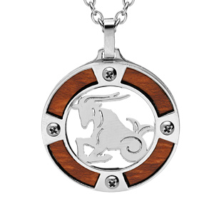 Collier en acier chane avec pendentif rond zodiaque Capricorne aspect bois clair et vis cruciforme 50+5cm - Vue 1