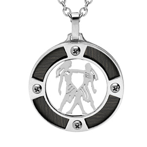 Collier en acier chane avec pendentif rond zodiaque Gmeaux aspect bois noir et vis cruciforme 50+5cm - Vue 1