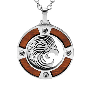 Collier en acier chane avec pendentif rond zodiaque Lion aspect bois clair et vis cruciforme 50+5cm - Vue 1
