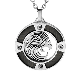 Collier en acier chane avec pendentif rond zodiaque Lion aspect bois noir et vis cruciforme 50+5cm - Vue 1