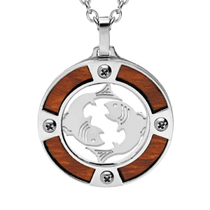 Collier en acier chane avec pendentif rond zodiaque Poissons aspect bois clair et vis cruciforme 50+5cm - Vue 1