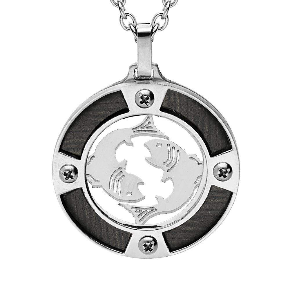 Collier en acier cha�ne avec pendentif rond zodiaque Poissons aspect bois noir et vis cruciforme 50+5cm - Vue 1