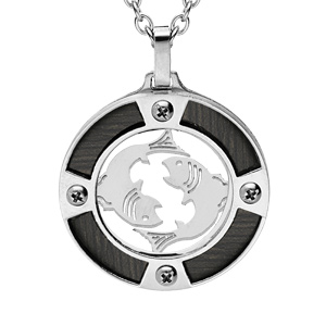 Collier en acier chane avec pendentif rond zodiaque Poissons aspect bois noir et vis cruciforme 50+5cm - Vue 1