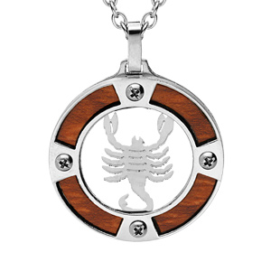 Collier en acier chane avec pendentif rond zodiaque Scorpion aspect bois clair et vis cruciforme 50+5cm - Vue 1