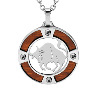 Collier en acier chane avec pendentif rond zodiaque Taureau aspect bois clair et vis cruciforme 50+5cm - Vue 1