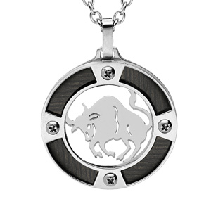 Collier en acier chane avec pendentif rond zodiaque Taureau aspect bois noir et vis cruciforme 50+5cm - Vue 1