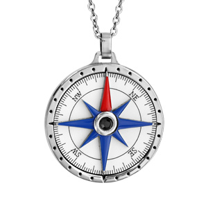 Collier en acier chaîne avec pendentif rose des vents sur fond blanc - longueur 50cm + 5cm de rallonge - Vue 1