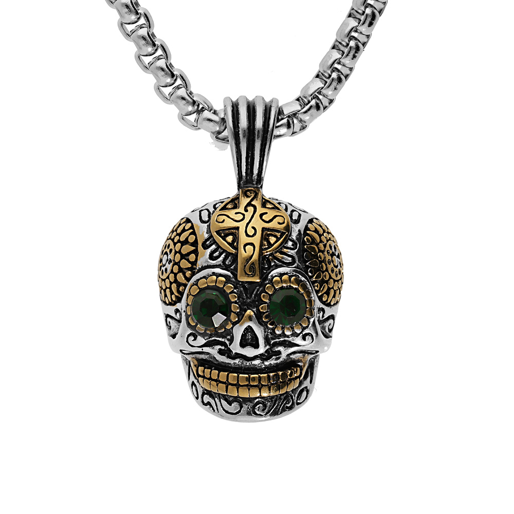 Collier en acier cha�ne avec pendentif t�te de mort mexicaine et yeux en oxydes verts 50+5cm - Vue 1