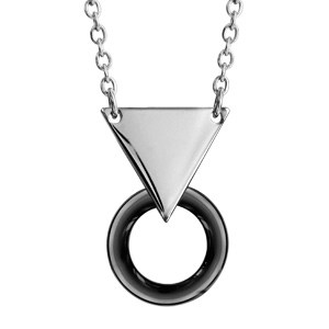 Collier en acier chane avec pendentif triangle lisse retenant un anneau en cramique noire - longueur 42cm + 5cm de rallonge - Vue 1