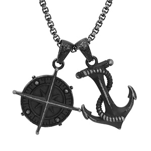 Collier en acier cha�ne avec 2 pendentifs patin�s 1 boussole et 1 ancre marine 55+10cm - rose des vents