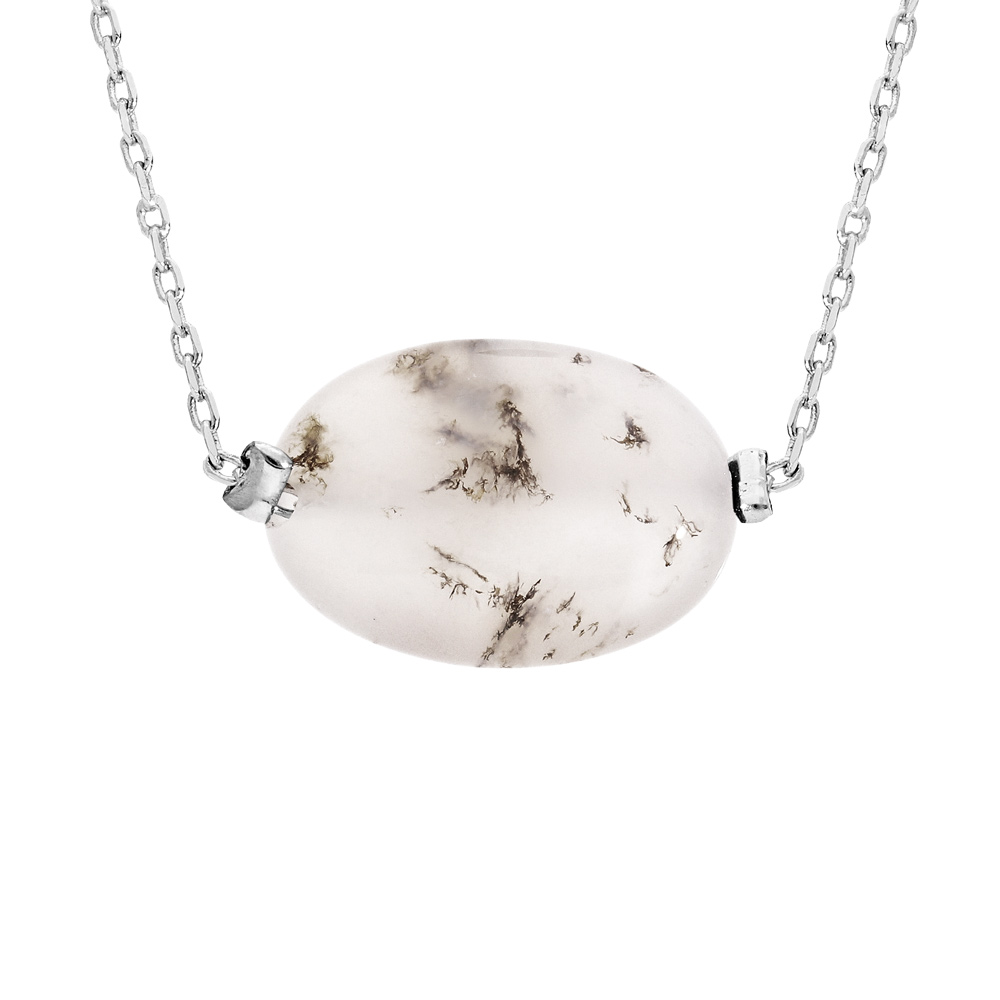 Collier en acier cha�ne avec pierre naturelle Agate blanche 42+3cm (d�tente & harmonie) - Vue 1