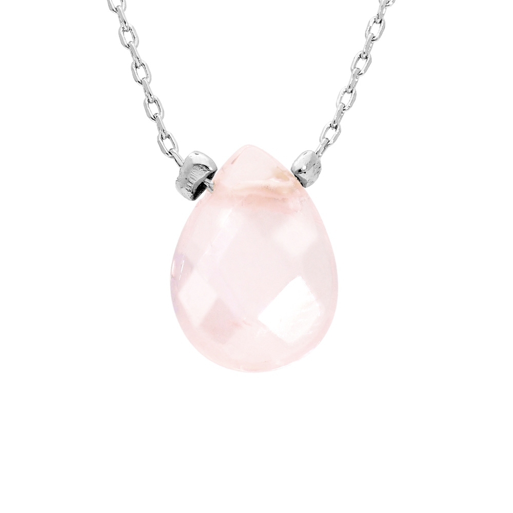 Collier en acier cha�ne avec pierre naturelle Quartz rose 42+3cm (amour & paix) - Vue 1