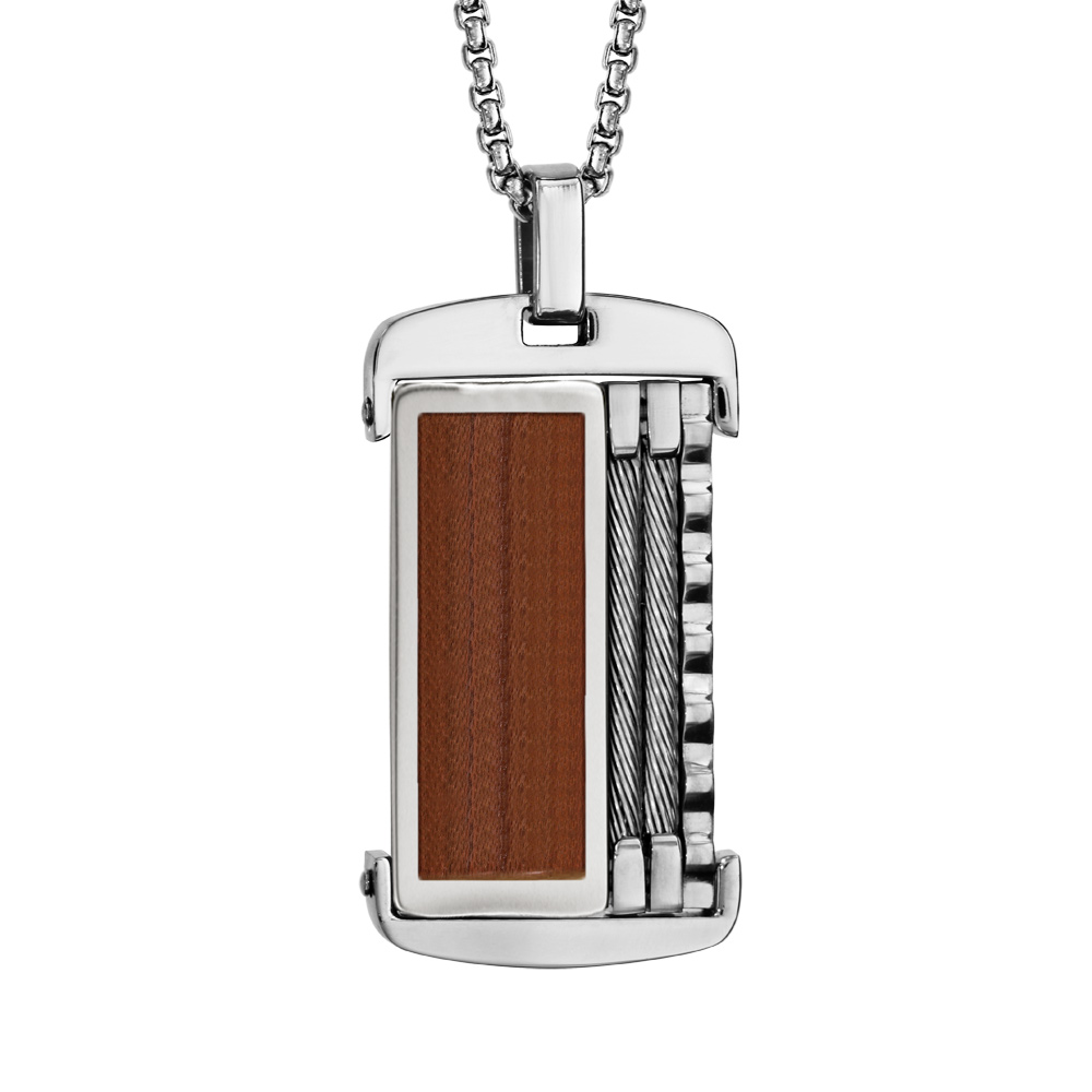 Collier en acier cha�ne boule avec pendentif aspect bois et c�ble gris 50+5cm - Vue 1