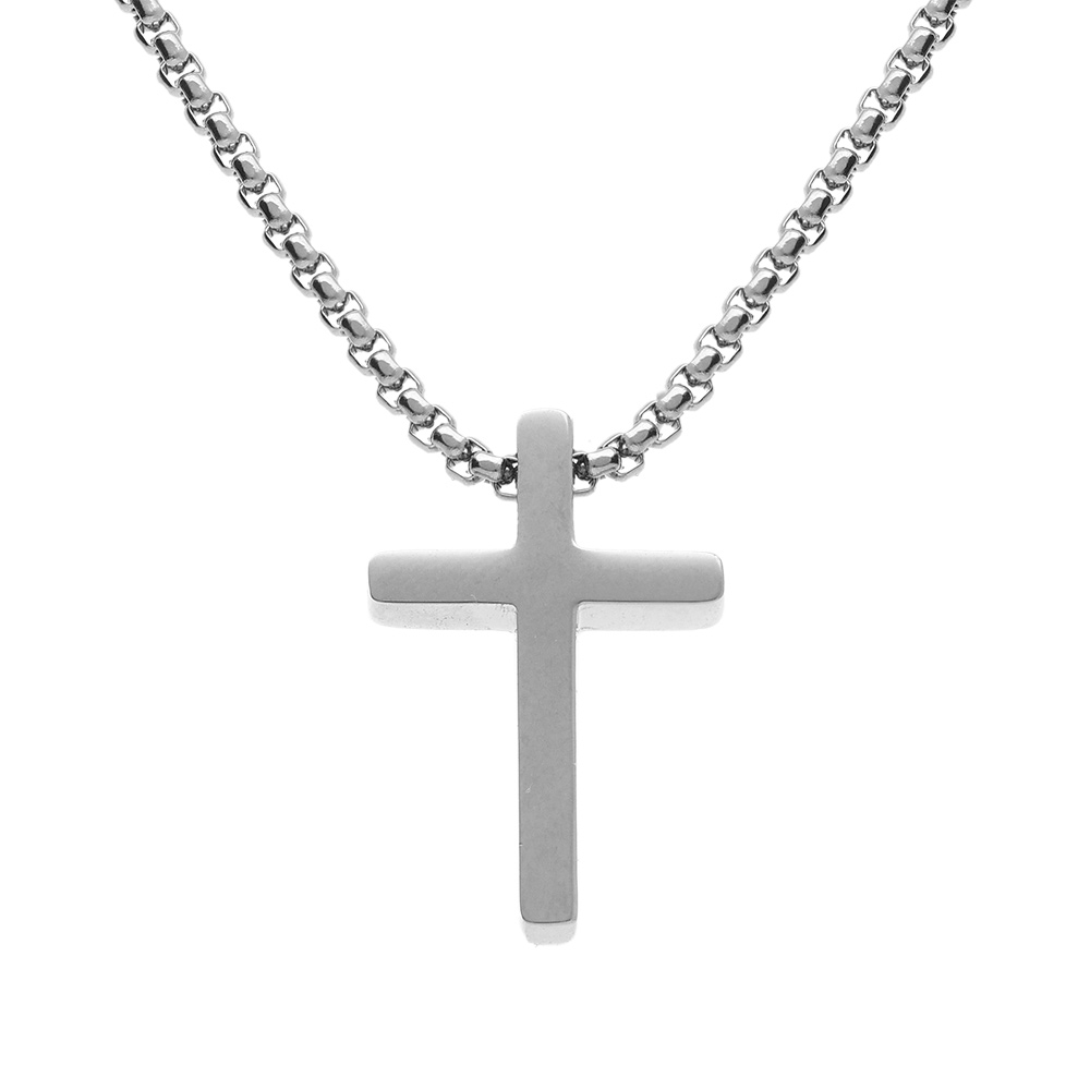 Collier en acier cha�ne jaseron avec pendentif croix satin�e 20 x 12mm -  45+5cm - Vue 1