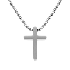 Collier en acier chane jaseron avec pendentif croix satine 20 x 12mm -  45+5cm