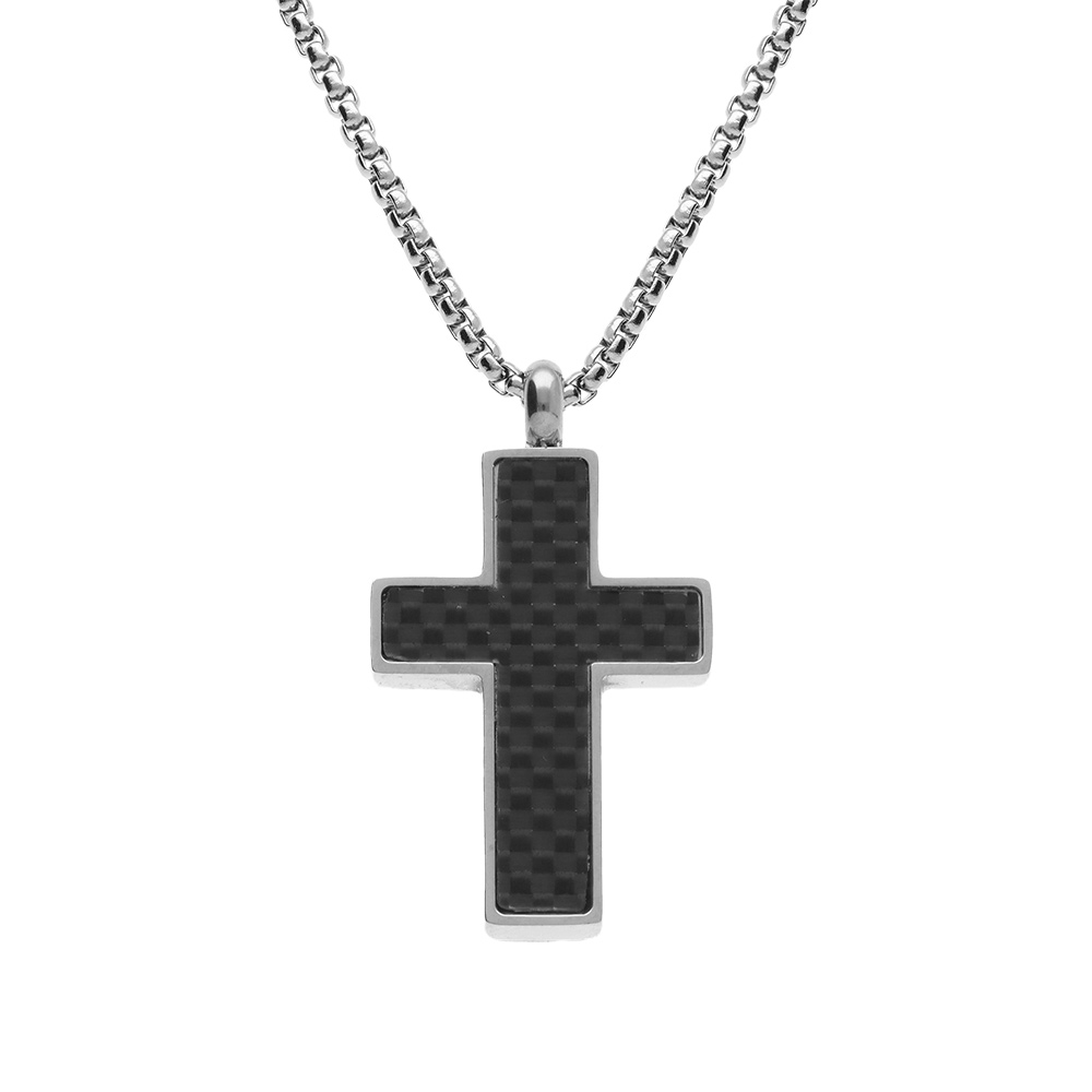Collier en acier cha�ne jaseron pendentif croix carbone 25x16mm  - 50+5cm - Vue 1