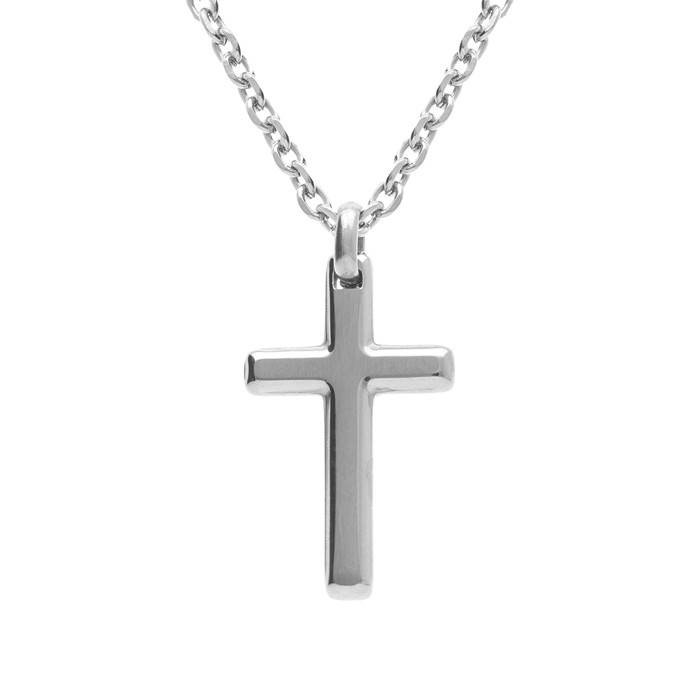 Collier en acier chane maille forcat avec pendentif croix 33 x 17mm - longueur 55+5cm - Vue 1