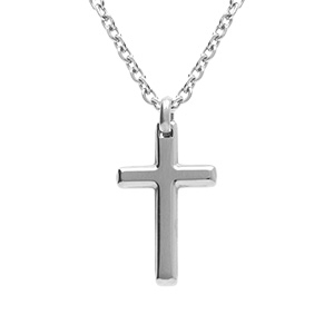 Collier en acier chane maille forcat avec pendentif croix 33 x 17mm - longueur 55+5cm - Vue 1
