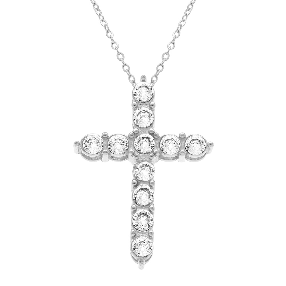 Collier en acier cha�ne maille forcat avec pendentif croix 33mm orn� d\'oxydes blancs - 45+10cm - Vue 1