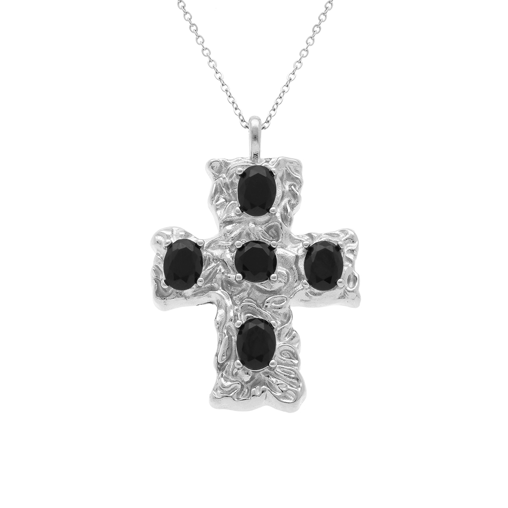 Collier en acier cha�ne maille forcat avec pendentif croix 33mm orn� d\'oxydes noirs - 40+10cm - Vue 1