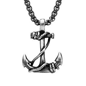 Collier en acier chane maille jaseron patine avec Pendentif ancre marine 55cm - Vue 1