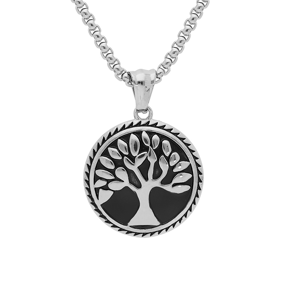Collier en acier cha�ne maille jaseron patin�e avec Pendentif arbre de vie vieilli 55cm - Vue 1
